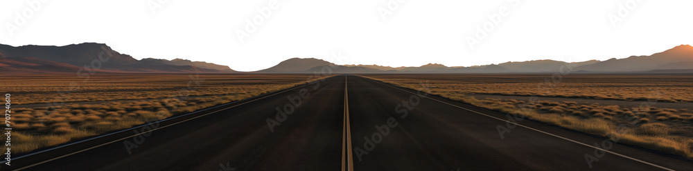 Vast empty highway on a desert landscape leading to the horizon. Sunset tones casting a warm hue. Mountain range in the distant horizon. Premium pen tool cutout transparent background PNG.