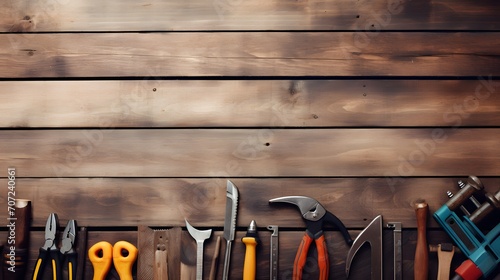 Working tools on wooden rustic background, top view