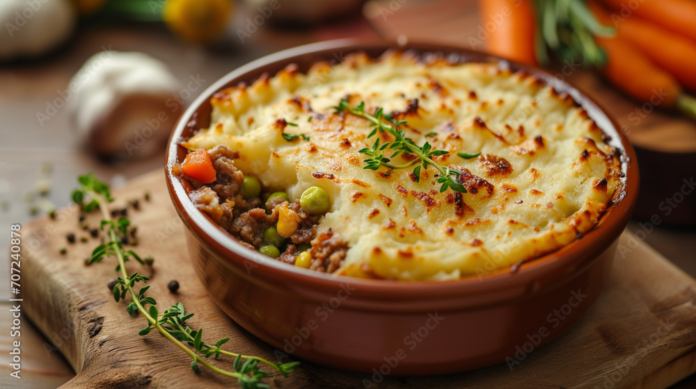 Shepherd's pie, a traditional British dish. Close-up of a casserole dinner featuring a meat pie adorned with herbs.