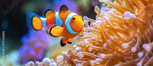 Closeup Of A Vibrant Clownfish Swimming Among Colorful Anemones. Сoncept Underwater Photography, Marine Life, Clownfish And Anemones, Vibrant Colors © Ян Заболотний