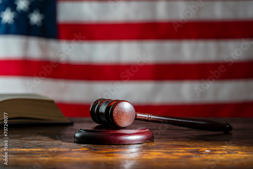 Wooden judge gavel and soundboard on the American flag background, closeup