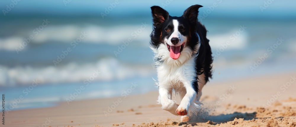 Energetic Border Collie Playfully Dashes Across Sandy Shores With Vibrant Enthusiasm. Сoncept Nature-Inspired Family Portraits, Dynamic Sports Photography, Urban Street Style Shoot