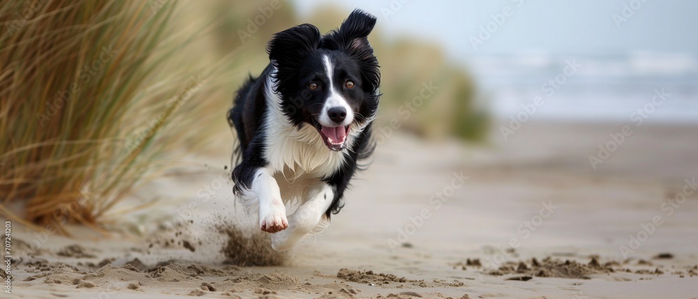 Energetic Border Collie Dashes Across Sandy Shore With Excitement. Сoncept Adventurous Hiking Trail, Serene Beach Sunset, Lively Urban Street, Majestic Mountain Peaks, Tropical Rainforest Escape