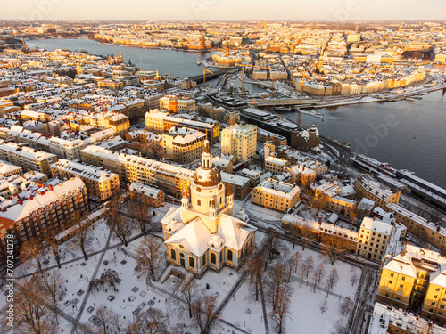 Stockholm in winter, high angle view from the Katarina Church towards the old town and the royal palace (gamla stan, Riddarholmen, Södermalm) photo