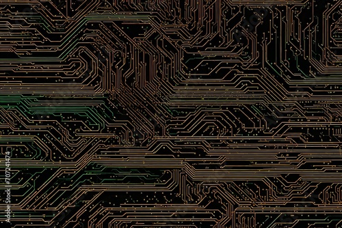 A seamless texture of circuit board patterns, with intricate lines, nodes, and solder points, suitable for digital backgrounds or futuristic designs. photo