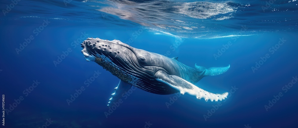 Playful Baby Humpback Whale Swimming Gracefully In Vibrant Blue Ocean. Сoncept Underwater Adventures, Marine Wildlife, Whales In Their Natural Habitat, Ocean Exploration, Captivating Marine Life - obrazy, fototapety, plakaty 
