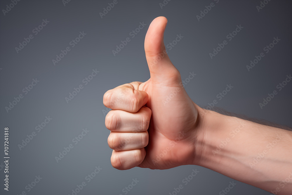Generative AI Image Of Close Up Of Hand With Thumbs Up To Show OK Or Approval On Grey Background