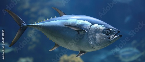 Saltwater Fish Bluefin Tuna, Known As Thunnus Thynnus, Swimming Gracefully. Сoncept Deep Sea Exploration, Coral Reef Ecosystem, Underwater Photography, Marine Biodiversity, Mysterious Sea Creatures