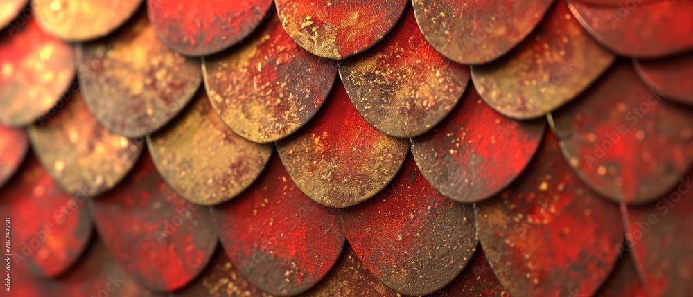 Vibrant Dragon Scales Create A Stunning Backdrop With Red And Gold Tones. Сoncept Nature's Beauty In Macro Photography, Serene Landscapes At Sunrise, Fashion Portraits With Creative Lighting