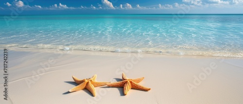 Two Starfish Resting On Sandy Beach With Crystal Clear Water.   oncept Travel Photography  Coastal Vibes  Marine Life  Serene Landscapes  Beach Escape