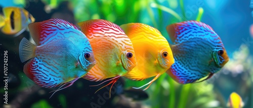 Vibrant Discus Fish Showcasing Their Tropical Colors In An Exotic Aquarium. Сoncept Underwater Photography, Tropical Fish, Exotic Aquatic Life, Colorful Aquarium, Vibrant Discus Fish
