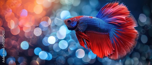 Vibrant Red And Blue Fighting Fish Against A Dazzling Bokeh Backdrop. Сoncept Underwater Macro Photography, Animal Portraits, Bokeh Backgrounds, Colorful Aquatic Life, Contrast And Vibrancy