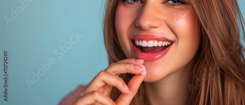 Young Woman Holding A Vitamin Pill In Her Teeth, Ready To Take. Сoncept Health Supplements, Daily Vitamins, Oral Health, Wellness Routine, Self-Care
