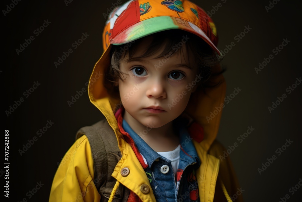 Portrait of a little boy in a yellow raincoat and cap. Portrait of a little boy in a yellow raincoat and cap.