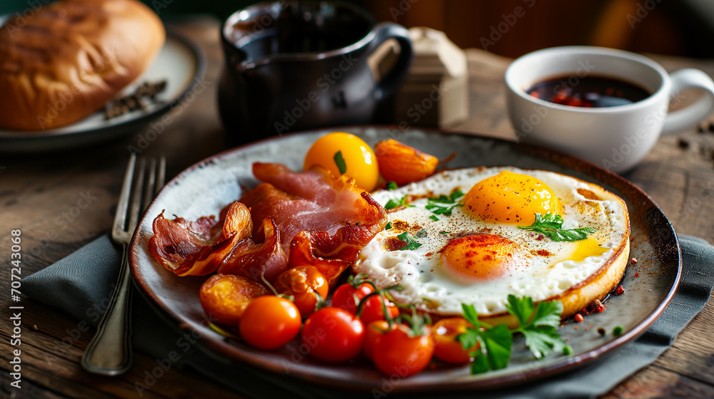 A Full English Breakfast: consisting of bacon, fried egg, mushrooms, baked beans, toast and grilled tomatoes. Continental breakfast. A fried breakfast or brunch. A Full English Breakfast: consisting of bacon, fried egg, mushrooms, baked beans, toast and grilled tomatoes. Continental breakfast. A fried breakfast or brunch.