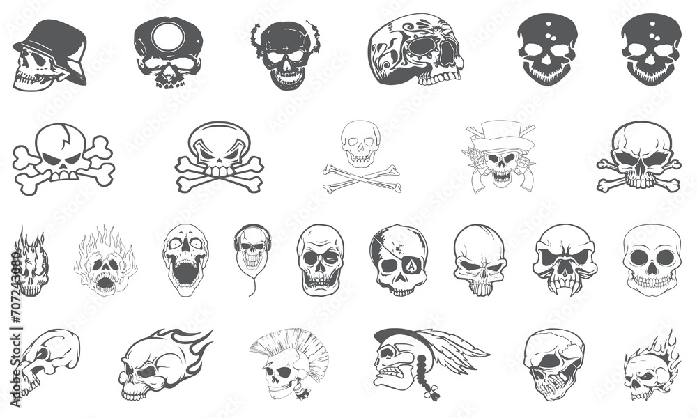 Skull and crossbones icon set. skull glyph collection