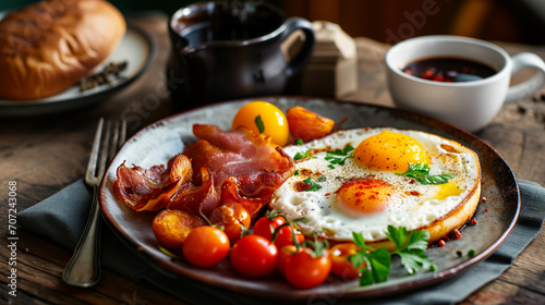 A Full English Breakfast: consisting of bacon, fried egg, mushrooms, baked beans, toast and grilled tomatoes. Continental breakfast. A fried breakfast or brunch.