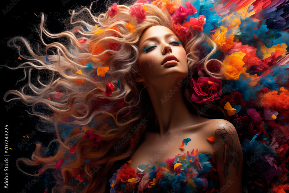 Profile portrait of young beautiful African American with colorful flowers