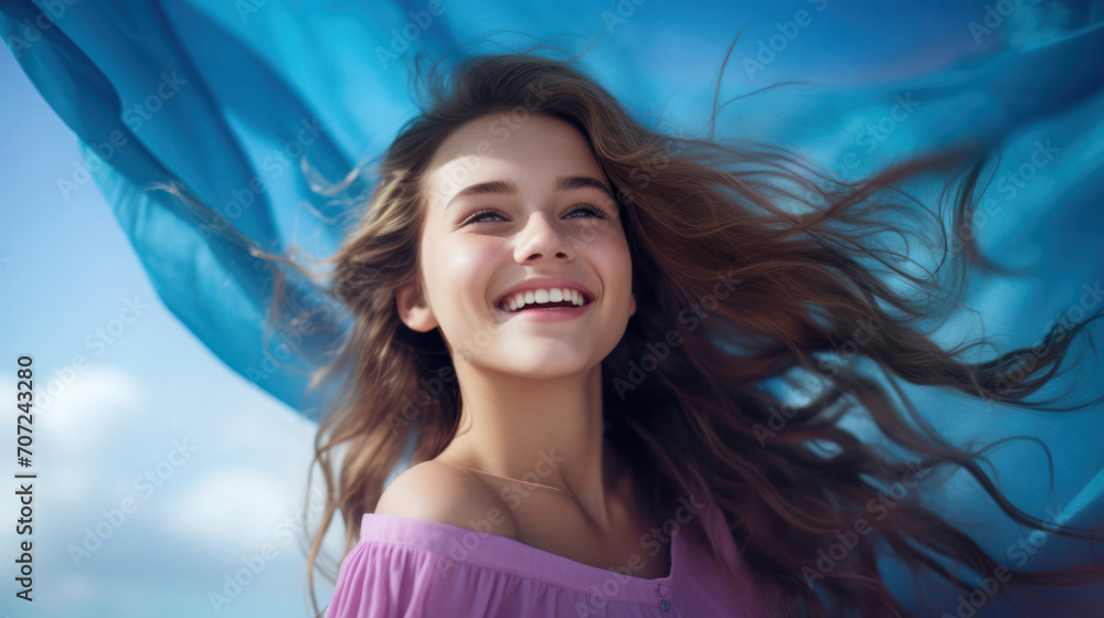 Teen girl radiant blue outfit magenta backdrop high-res image Teen girl radiant blue outfit magenta backdrop high-res image