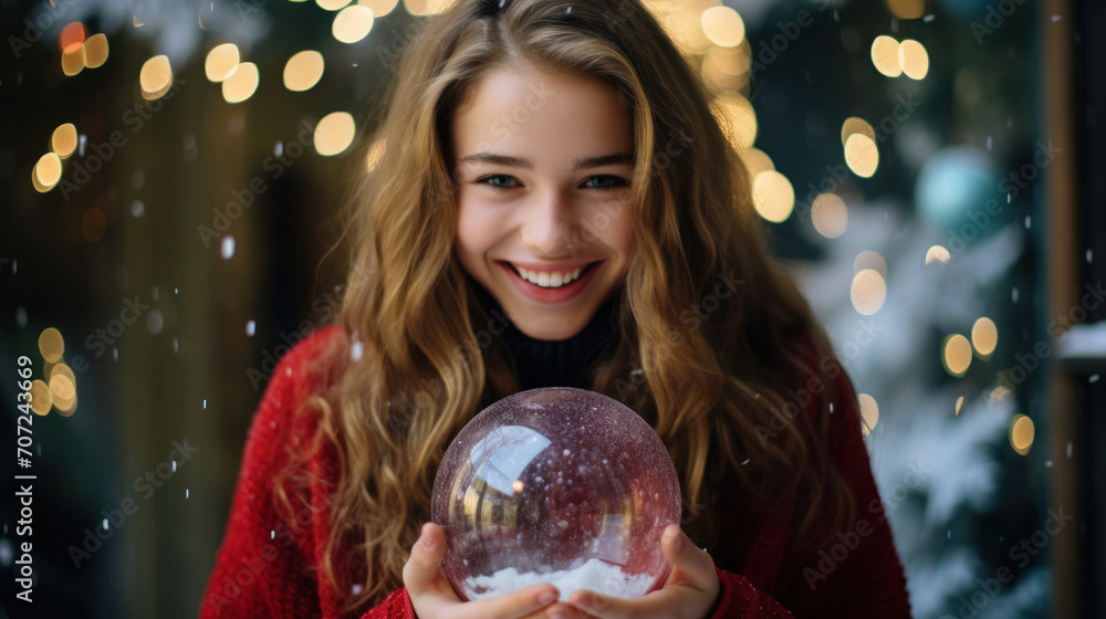 Naklejka premium Joyful girl in magenta turquoise background holding summer snow globe