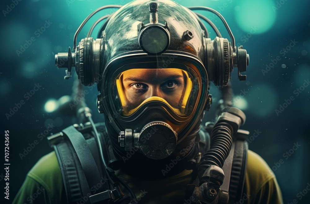 Mysterious Portrait male scuba diver under the water. Exploring underwater world in diving equipment. Generate ai Mysterious Portrait male scuba diver under the water. Exploring underwater world in diving equipment. Generate ai