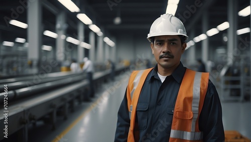 An immigrant worker on uniform on a manufacturing factory background from Generative AI
