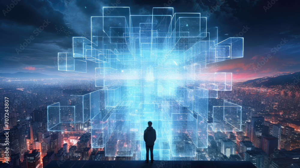 Virtual city grid cyber guardian standing amidst digital landscape