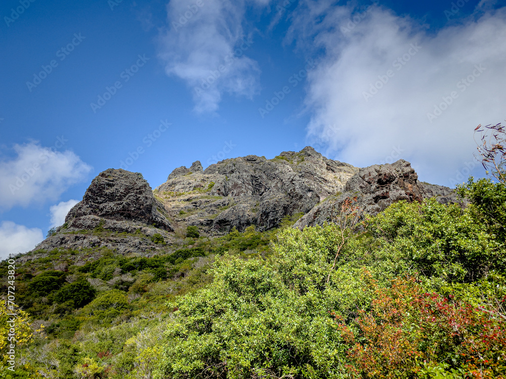 Hiking views of Le Morne Brabant Mountain, UNESCO World Heritage Site basaltic mountain with a summit of 556 metres, Mauritius