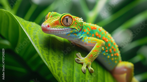 Colorful Gecko on a Green Leaf