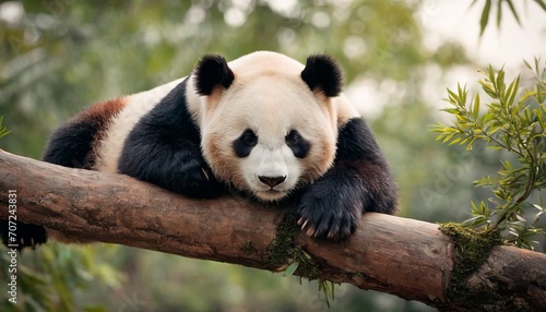A lazy panda bear sleeps on a tree branch in the wild of China  in a nature reserve.