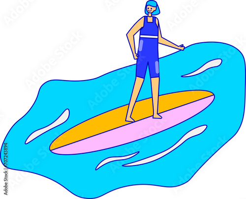 Man standing on paddleboard in blue water. Male surfer in summer wear balancing on surfboard. Paddleboarding on calm sea vector illustration.