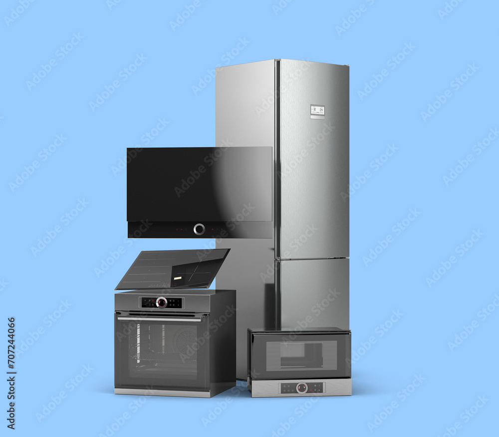 Modern close built in kitchen appliances set 3d render on blue Modern close built in kitchen appliances set 3d render on blue
