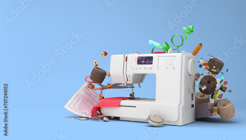 New sewing machine and accessories 3d render on blue background