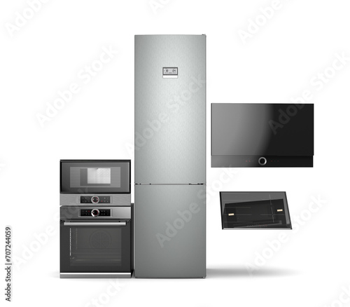 Modern built in kitchen appliances set front view 3d render on white