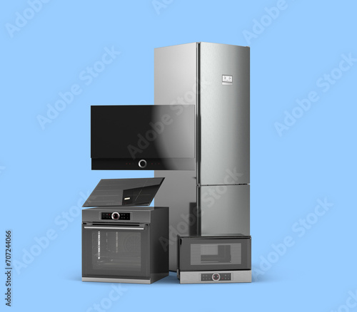 Modern close built in kitchen appliances set 3d render on blue