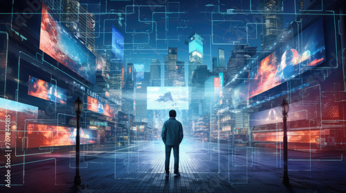 Holographic billboards in cyber city expert navigates old-world meets new tech