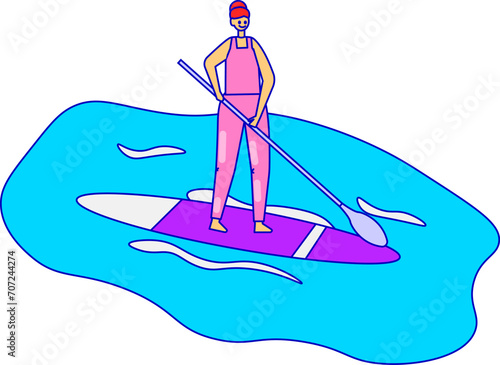 Man paddleboarding on calm blue water with a paddle in hand, wearing a cap and life vest. Adventure sport and summer water activity vector illustration.