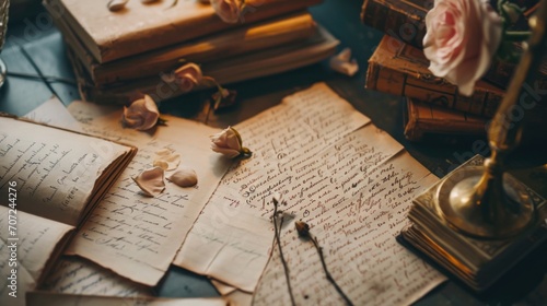 Transport your audience to a nostalgic era with an image of vintage love letters arranged artfully on a desk.. photo