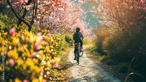 An idyllic scene captures the essence of spring with a vintage bicycle adorned with fresh flowers. photo