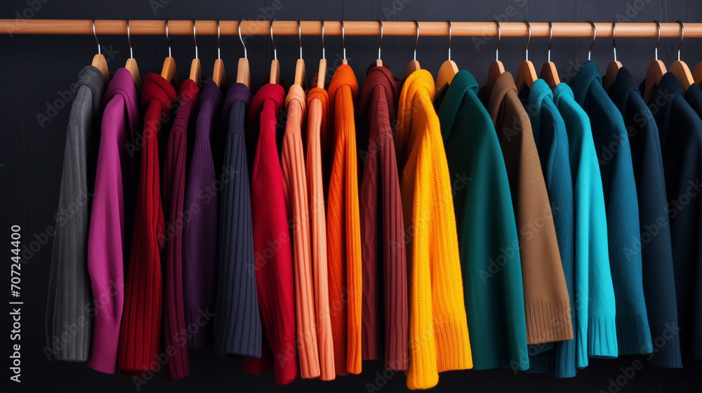 Collection of clothes hanging on rack side view in blurred store background, Ai generated image Collection of clothes hanging on rack side view in blurred store background, Ai generated image