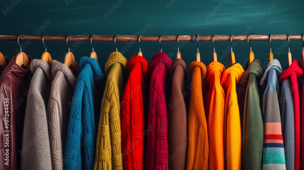 Collection of clothes hanging on rack side view in blurred store background, Ai generated image Collection of clothes hanging on rack side view in blurred store background, Ai generated image