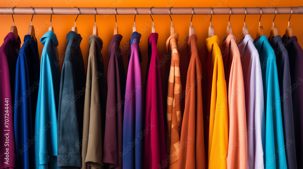 Collection of clothes hanging on rack side view in blurred store background, Ai generated image Collection of clothes hanging on rack side view in blurred store background, Ai generated image