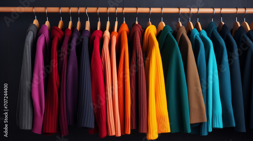 Collection of clothes hanging on rack side view in blurred store background, Ai generated image © Trendy Image Two