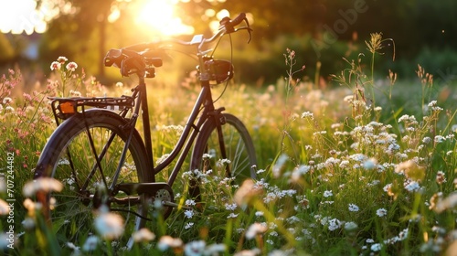 An idyllic scene captures the essence of spring with a vintage bicycle adorned with fresh flowers.