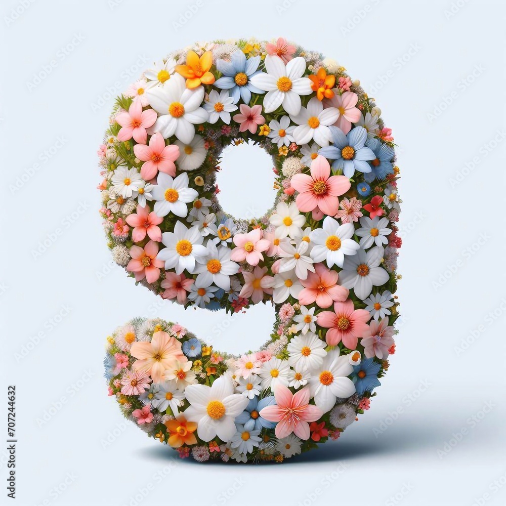 Flowers digit 9. AI generated illustration Flowers digit 9. AI generated illustration