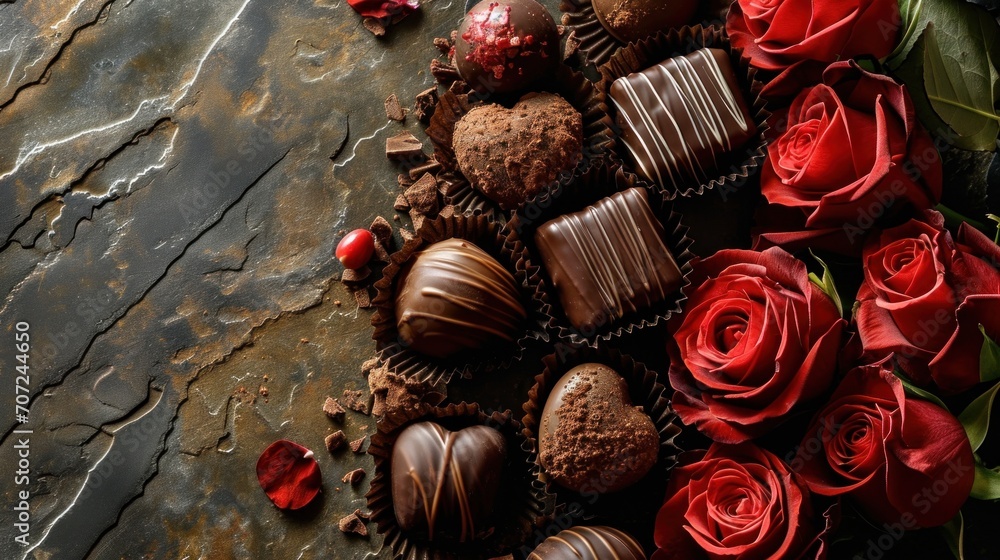 Indulge in the classic combination of chocolates and roses beautifully arranged on a textured background. Indulge in the classic combination of chocolates and roses beautifully arranged on a textured background.