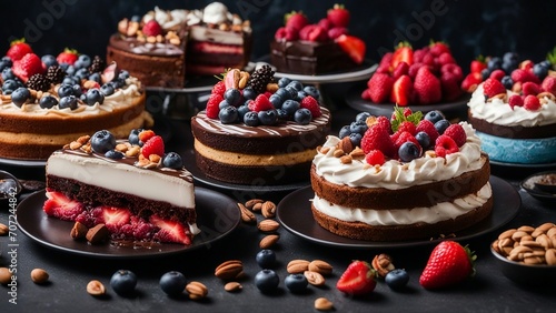 cupcakes with chocolate A mouthwatering photo of assorted large pieces of different cakes on a black table. 