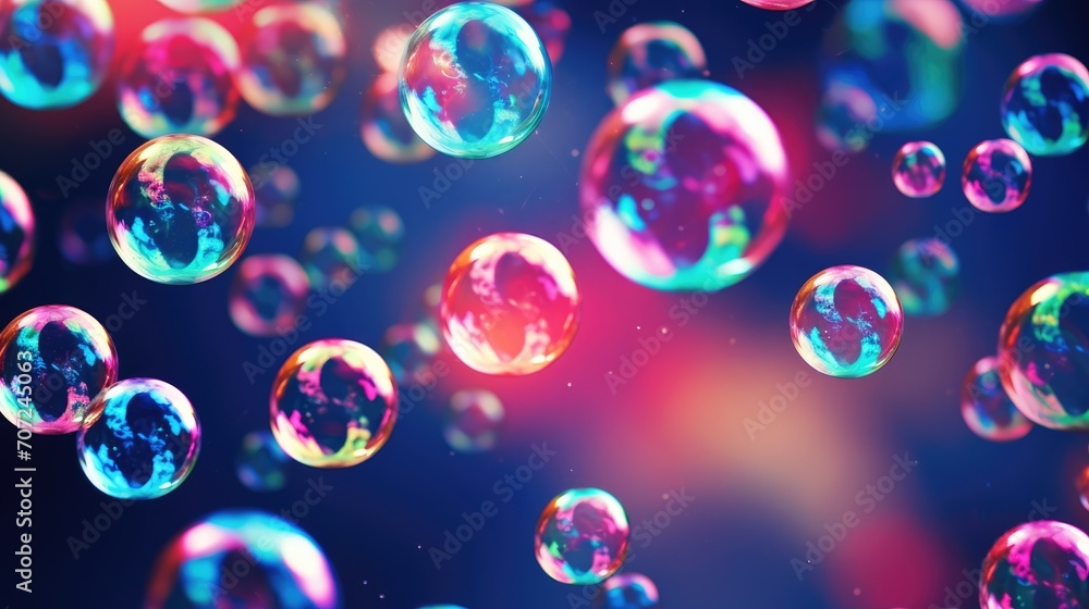 An iridescent air bubble on a background with a gradient. A lot of bubbles are flying in a chaotic manner.