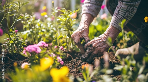 Witness the joy of gardening in spring as a pair of hands lovingly tends to blooming flowers and lush green plants. photo