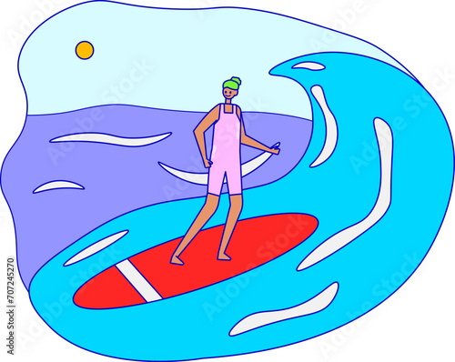 Surfer riding a wave on a red surfboard  ocean wave  sunny beach vibe. Summer sport and surfing adventure vector illustration.